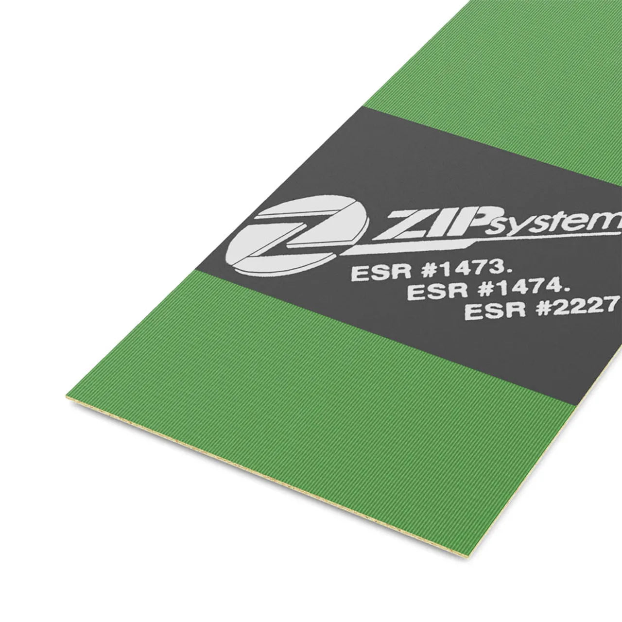 A 1/2 in. x 4 ft. x 8 ft. ZIP System OSB Panel by Go Build, The Fastest Way To Build, features a built-in moisture barrier and gray ZIP System logo strip, offering enhanced energy efficiency against a white backdrop.